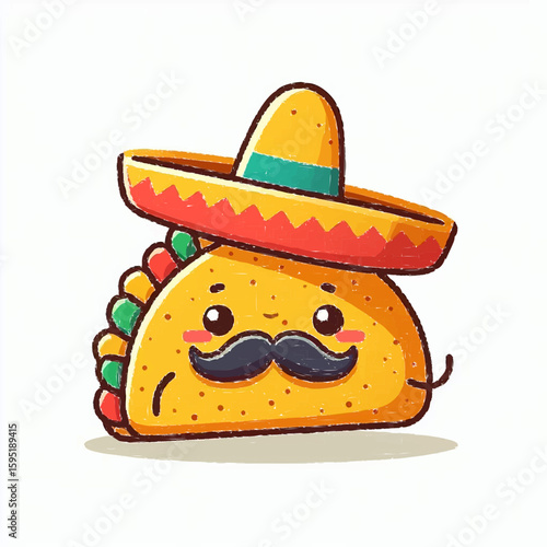 Cute cartoon taco with a sombrero and mustache