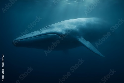A massive whale swimming gracefully underwater, surrounded by soft, diffused light filtering through the water. Concept Underwater Photography, Majestic Marine Life, Soft Diffused Light