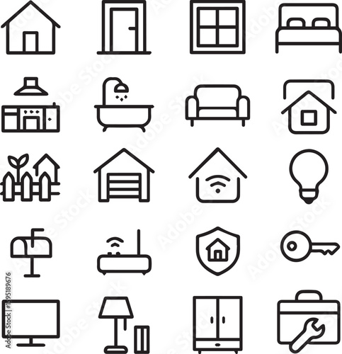 House Icons Set Door Window Bed Kitchen Garage Smart Home Editable Stroke Vector icon set
