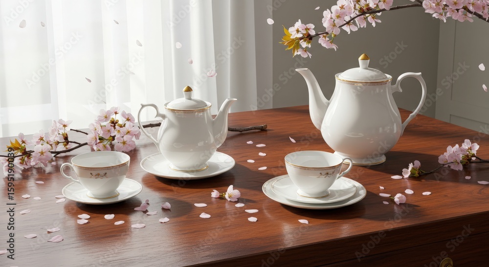 Fototapeta premium Elegant Tea Set with Cherry Blossom Decor and Soft Natural Light