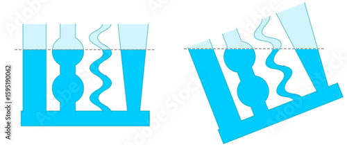 Communicating vessels, vases. Pascal principles. Combined containers, composite ships fluid dynamics. Vector illustration