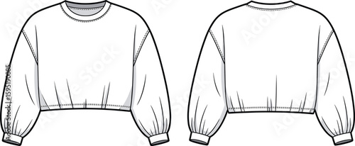 Cropped sweatshirt fashion sketch, round neckline, cuffed sleeves, front and back view, stylish clothing design, trendy apparel illustration template