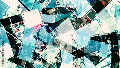 Abstract Film Strip Collage in Teal, White, and Black Tones