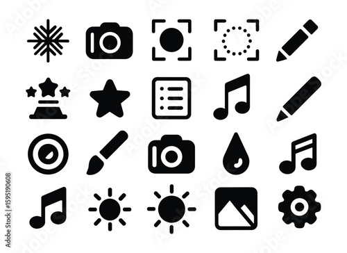 Versatile Black Glyph Design, Photography, and Media Icon Set: Creative Tools, Editing Functions, Settings, and Utility Symbols for Digital Interfaces