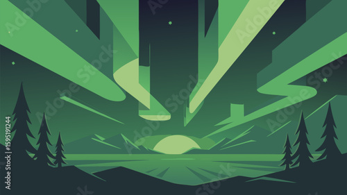 Vector SVG Illustration of Aurora Borealis Landscape with Mountains and Trees in Modern Flat Style with Green Color Scheme
