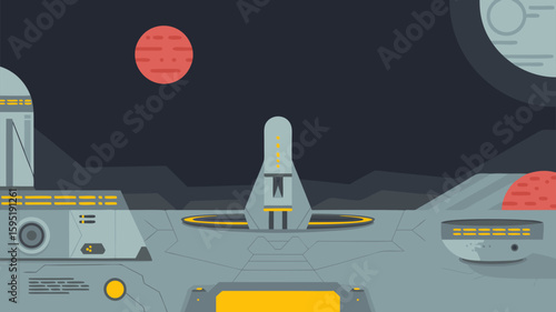 Minimalist Vector SVG Illustration of Space Rocket Launch Scene with Celestial Bodies in Flat Style Bright Colors