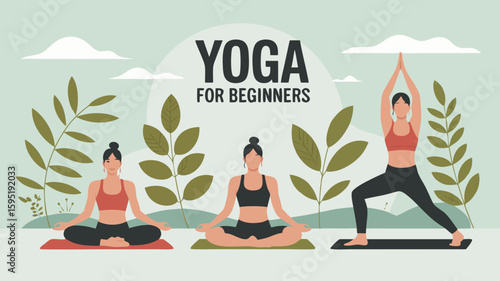 Minimalist Vector SVG Illustration of Yoga Beginners with Women in Meditation and Yoga Pose Using Flat Design Style Green and Earth Tones