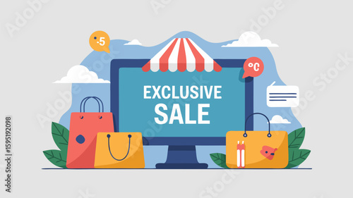 Vector SVG Illustration of E-commerce Sale Banner with Shopping Bags and Cloud Elements in Modern Flat Style