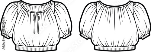 Fashion illustration, women’s puff sleeve crop top, front view, tie neckline, round neckline, summer style, trendy design, garment sketch