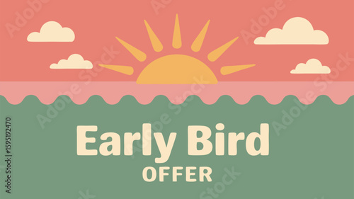 Vector Minimalist SVG Illustration of Sunrise with Clouds and Early Bird Offer Text in Flat Design Style with Soft Pastel Colors