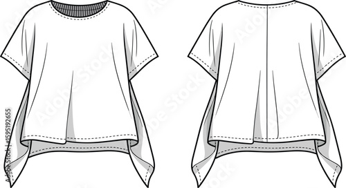 Fashion illustration, women’s loose-fit T-shirt, scoop neckline, short sleeve, curved hem, front and back view, stylish sketch, casual wear