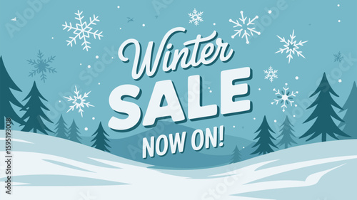 Vector SVG Illustration of Winter Sale Promotional Design with Snowflakes Trees and Text in Modern Flat Style Bright Blue Palette