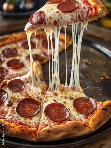 Close-up of a cheesy pepperoni pizza slice being pulled with melting mozzarella strings and crispy golden crust