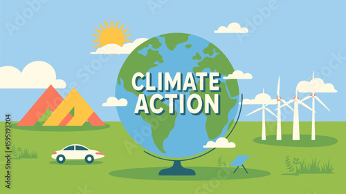 Vector SVG Illustration of Climate Action Earth with Wind Turbines and Eco Elements in Modern Flat Design Colors