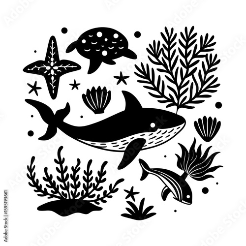 set of fish, ocopas, tree illustration