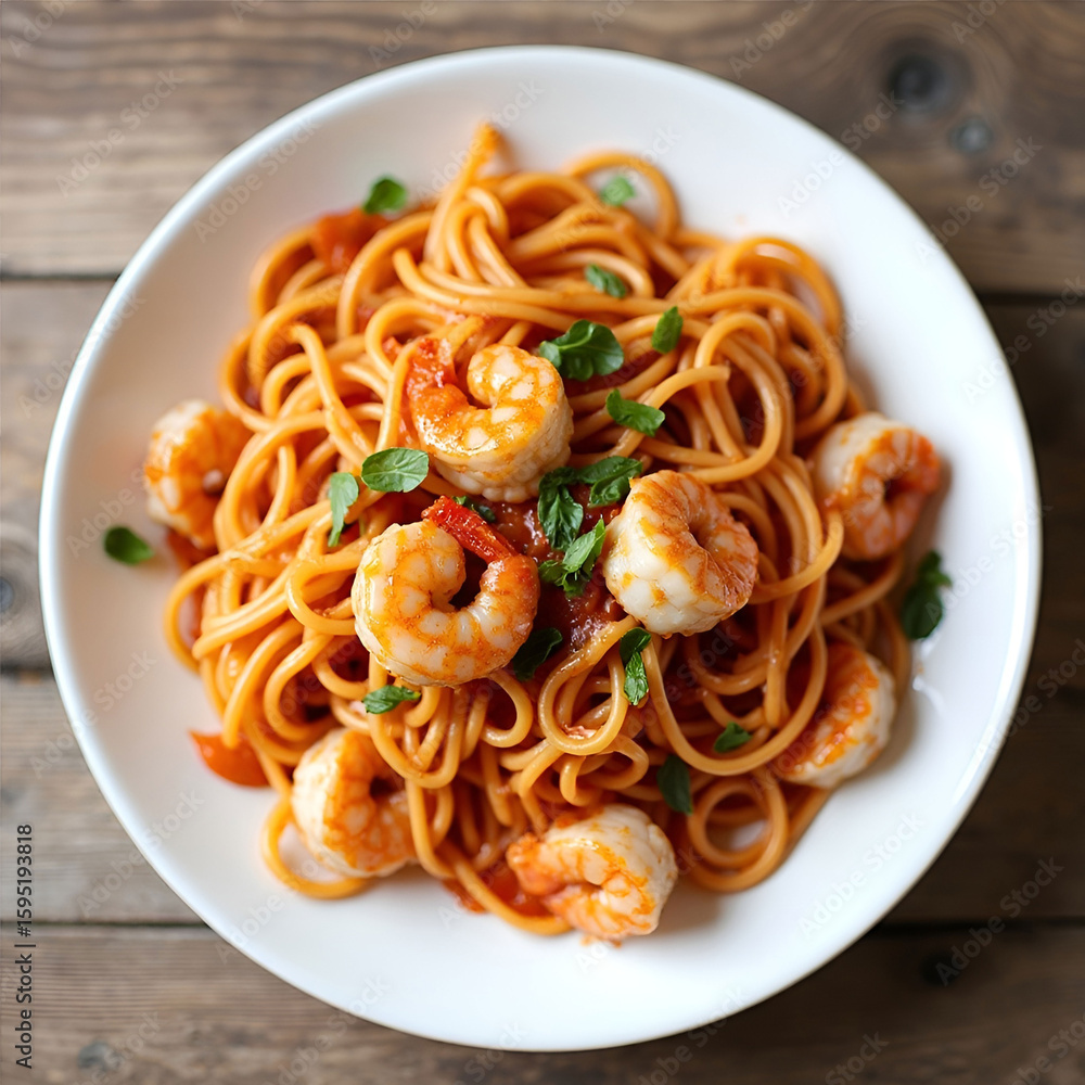 Delicious pasta dish topped with tomato sauce and shrimp. Delicious pasta dish topped with tomato sauce and shrimp.