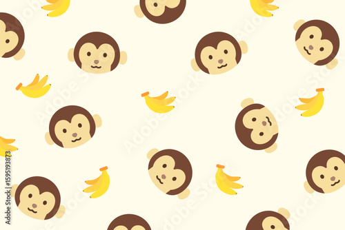 Cute monkey faces and bananas scattered in a seamless design on soft yellow