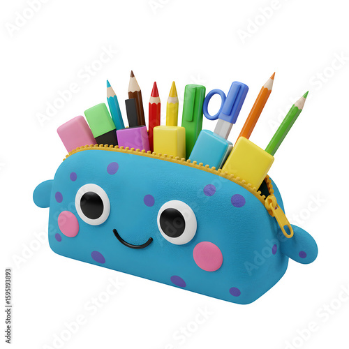 Cute Monster Pencil Case with School Supplies 3d rendered, isolated on transparent background
