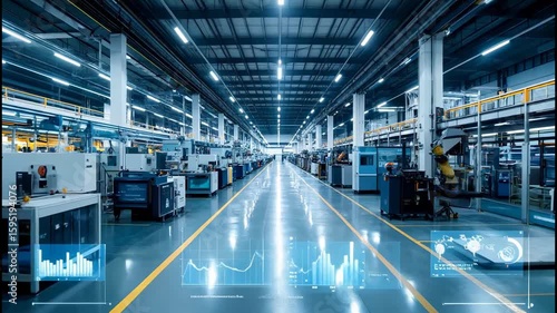 Brightly Lit Modern Factory Interior with Robotic Arms and Data Overlays