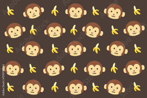 Funny monkey faces and peeled bananas scattered on a rich dark brown background