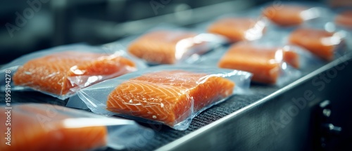 Sealed salmon fillets in vacuum packed plastic bags on a conveyor belt for packaging at a food factory