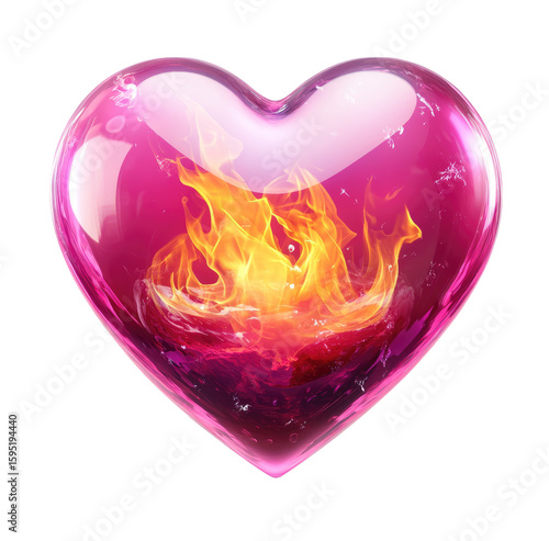 A translucent pink heart-shaped orb containing a fiery image