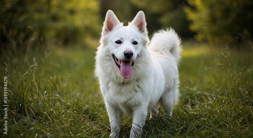 Fototapeta premium 草原駆け回る白い犬 笑顔輝く 幸せいっぱい