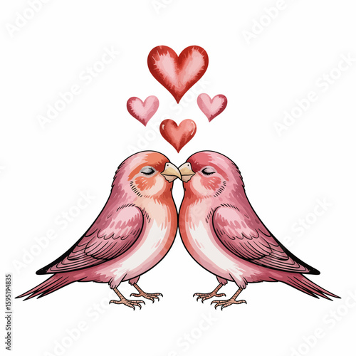 Two Pink Lovebirds Kissing with Watercolor Hearts for Valentines Day.