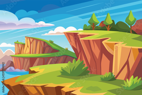 Vibrant cliffside landscape with lush greenery and blue sky