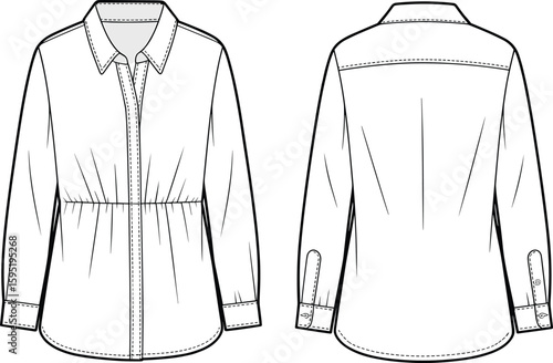 Long sleeve shirt fashion sketch, front and back view, collar detail, pleated back design, garment illustration, stylish clothing template drawing