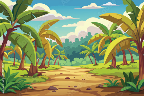 Tropical jungle path with banana trees and sunny sky