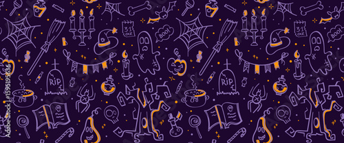 Halloween doodle hand drawn seamless pattern. Cute background with illustration of pumpkins, ghost, skulls, candy, bats and other creative thematic elements. Texture for wallpaper, print, fabric.