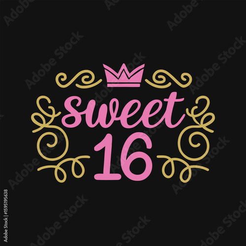 Pink and gold sweet 16 text with crown and swirls on black background sixteen birthday 1