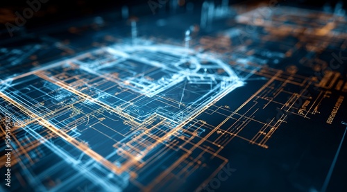 Abstract digital blueprint of a futuristic circuit board with glowing lines
