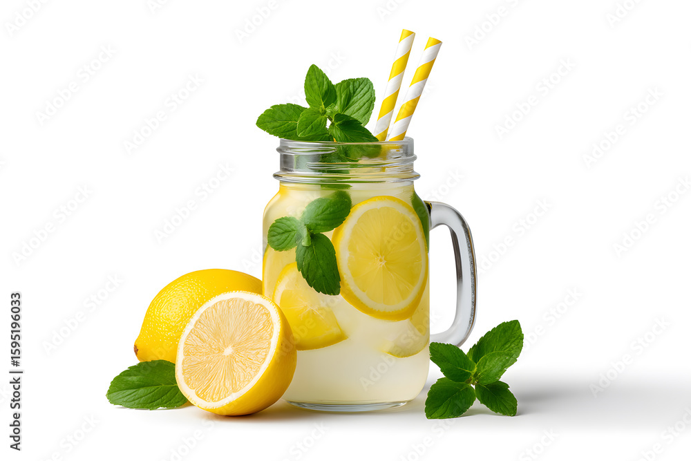 Fototapeta premium Mason jar filled with homemade lemonade, lemon slices, and mint leaves. Perfect for summer drink ads, healthy lifestyle visuals, or citrus product branding.