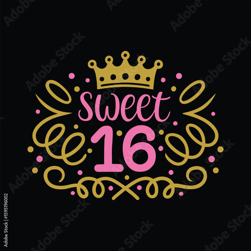 Pink and gold sweet 16 text with crown and swirls on black background sixteen birthday