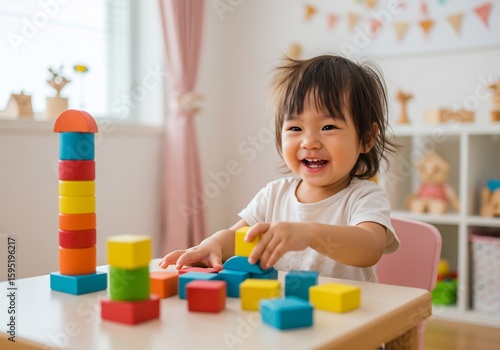 笑顔輝く子供、カラフル積み木夢中遊び