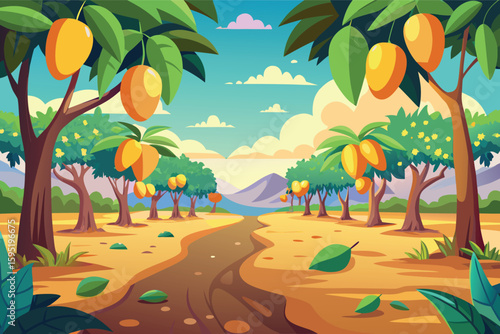 Vibrant mango grove with ripe fruit and sunny sky