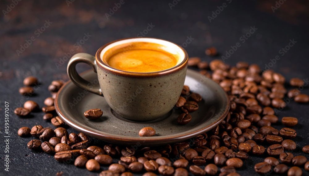 Obraz premium A warm cup of espresso surrounded by roasted coffee beans on a dark textured surface