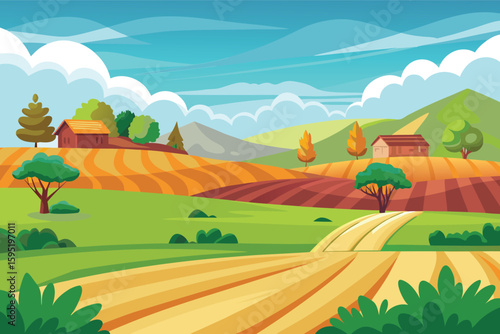 Vibrant rural landscape with rolling hills and farmhouses