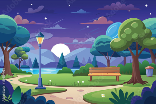 Serene park at twilight with moonlit path and bench