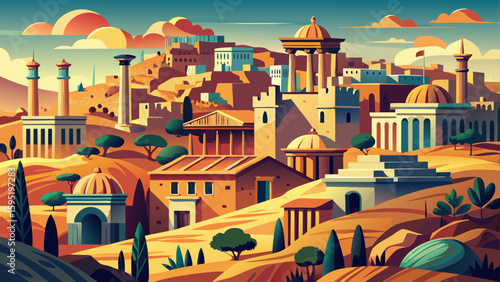 Amman, Jordan – Hillside homes, Roman ruins, and desert views define this historical city full of storytelling depth and warm vector tones.