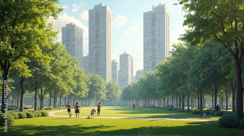 Urban park scene with runners and skyscrapers in the background on a sunny day.