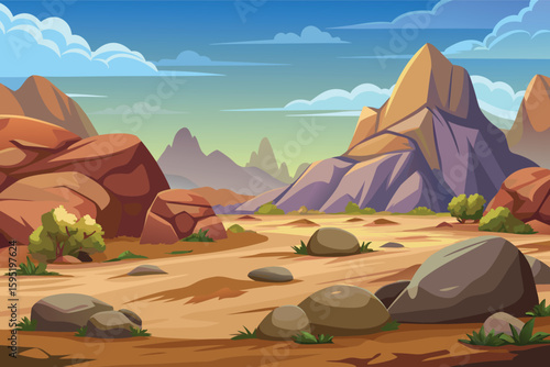 Vibrant desert landscape with rocky formations and sparse vegetation