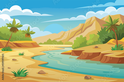 Vibrant desert oasis with winding river and palm trees