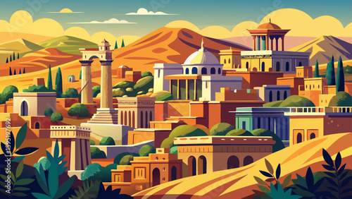 Amman, Jordan – Hillside homes, Roman ruins, and desert views define this historical city full of storytelling depth and warm vector tones.