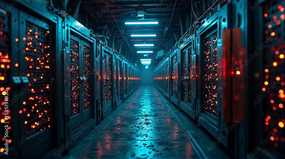 Fototapeta premium A long corridor in a data center with servers and blue neon lights.