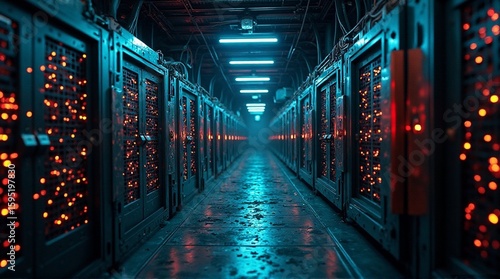 A long corridor in a data center with servers and blue neon lights.