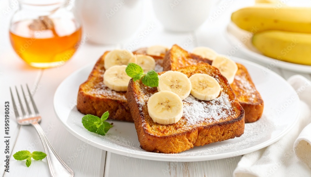 Delicious French toast topped with fresh banana slices and powdered sugar, served with a side of honey. Delicious French toast topped with fresh banana slices and powdered sugar, served with a side of honey.