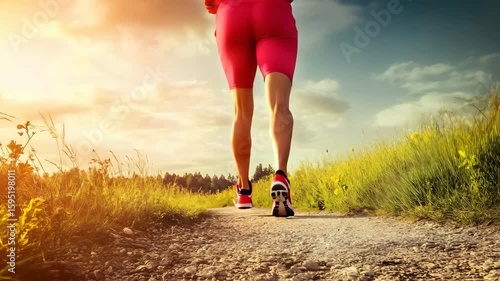Woman's legs in athletic shoes running on a scenic trail surrounded by lush greenery and nature